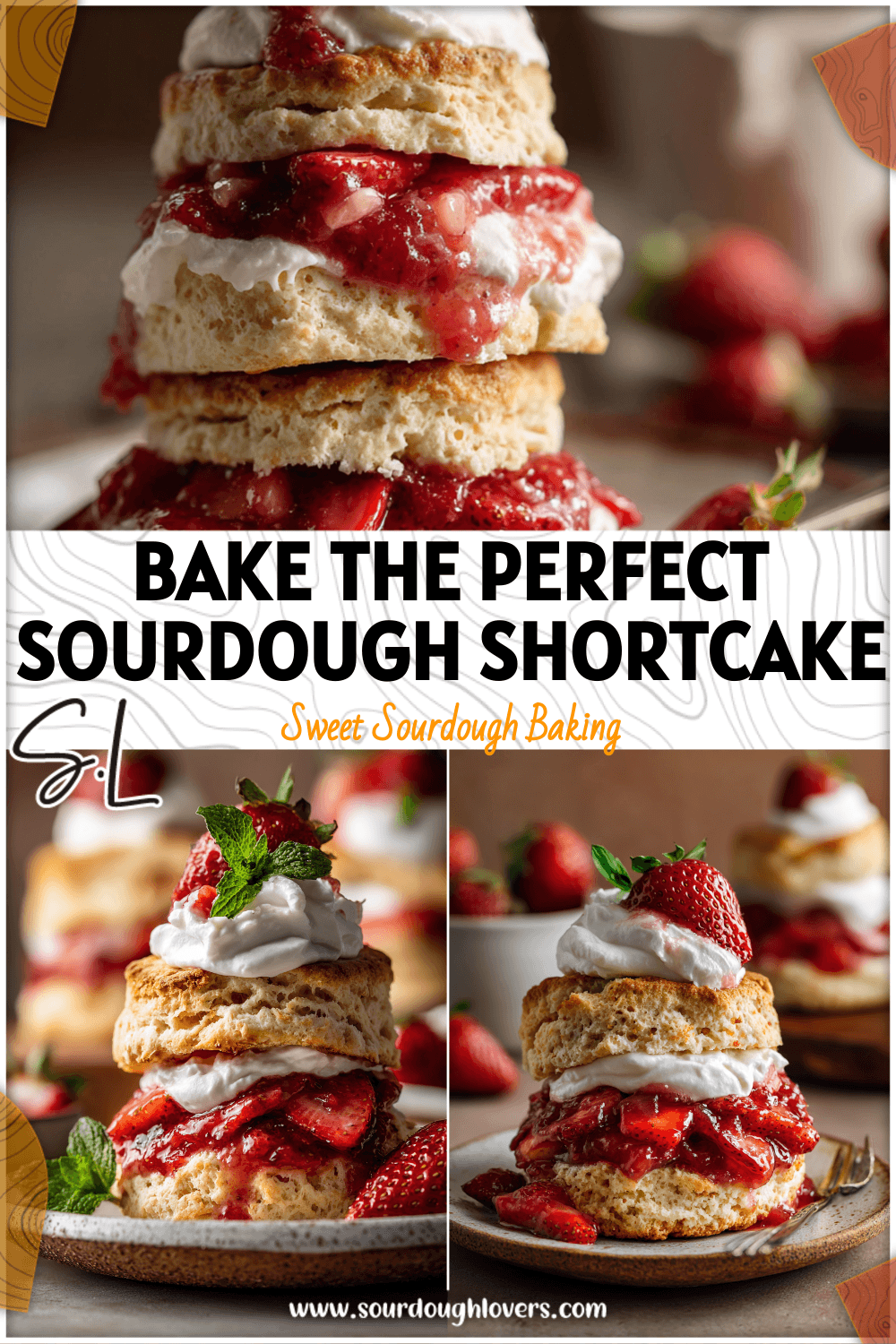 Fluffy Sourdough Strawberry Shortcakes topped with strawberry rhubarb compote and whipped cream on a rustic plate.